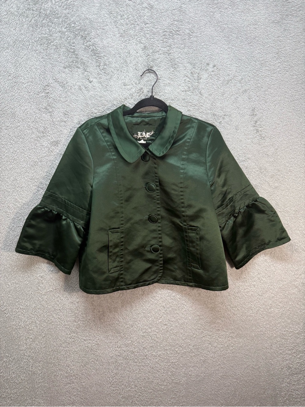 Live a Little Forest Green Satin Cropped Jacket Ruffle Flare Bell Sleeve